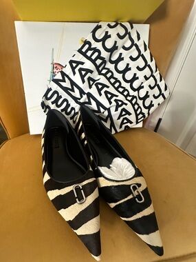 Marc Jacobs Black & Cream Zebra-Stripe Pointed Flats with Metal Logo Accent